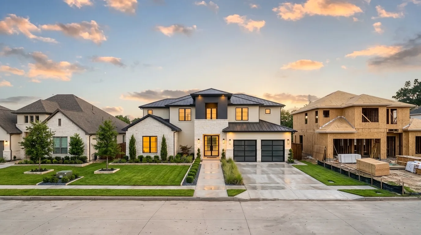 Finished ArcNova custom home at dusk beside a new home under construction in Springfield, Missouri